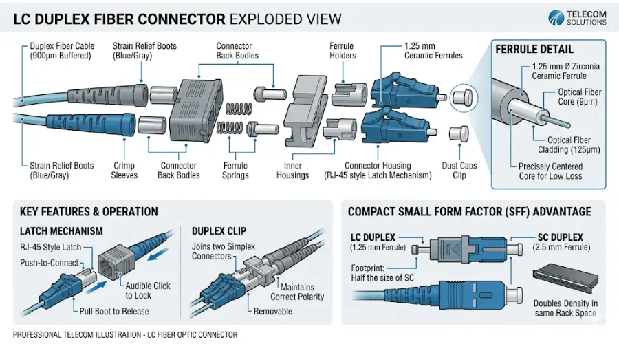 Labeled structure diagram of an LC fiber connector showing ferrule, latch, and duplex design Labeled structure diagram of an LC fiber connector showing ferrule, latch, and duplex design