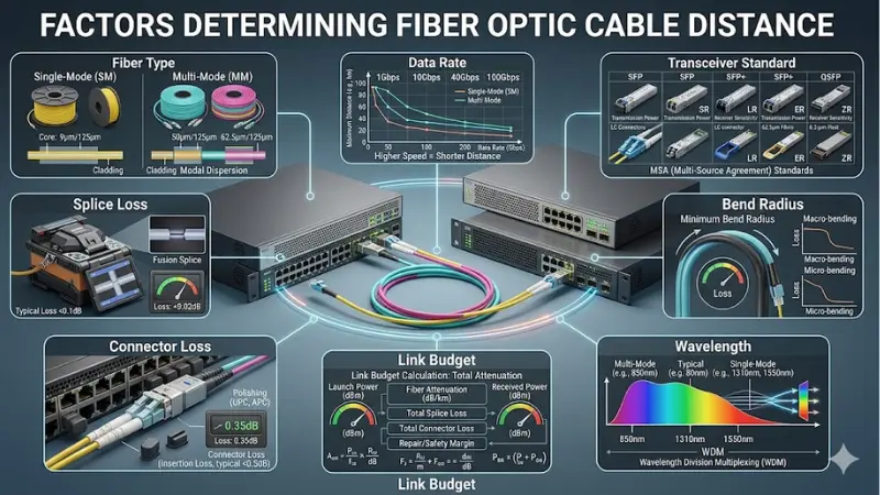 Key factors that determine fiber optic cable distance including fiber type transceiver and link budget