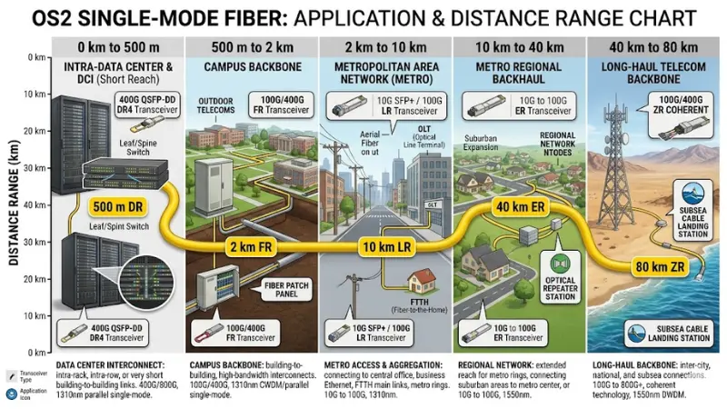OS2 single-mode fiber distance examples from 500 meters to 80 kilometers OS2 single-mode fiber distance examples from 500 meters to 80 kilometers