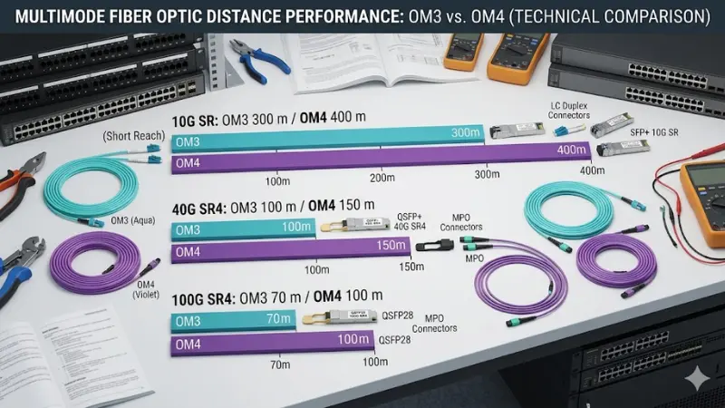 Multimode OM3 and OM4 fiber distance comparison for 10G 40G and 100G links