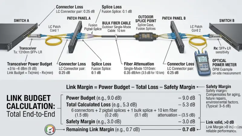Fiber optic link budget diagram showing power budget attenuation connector loss splice loss and safety margin